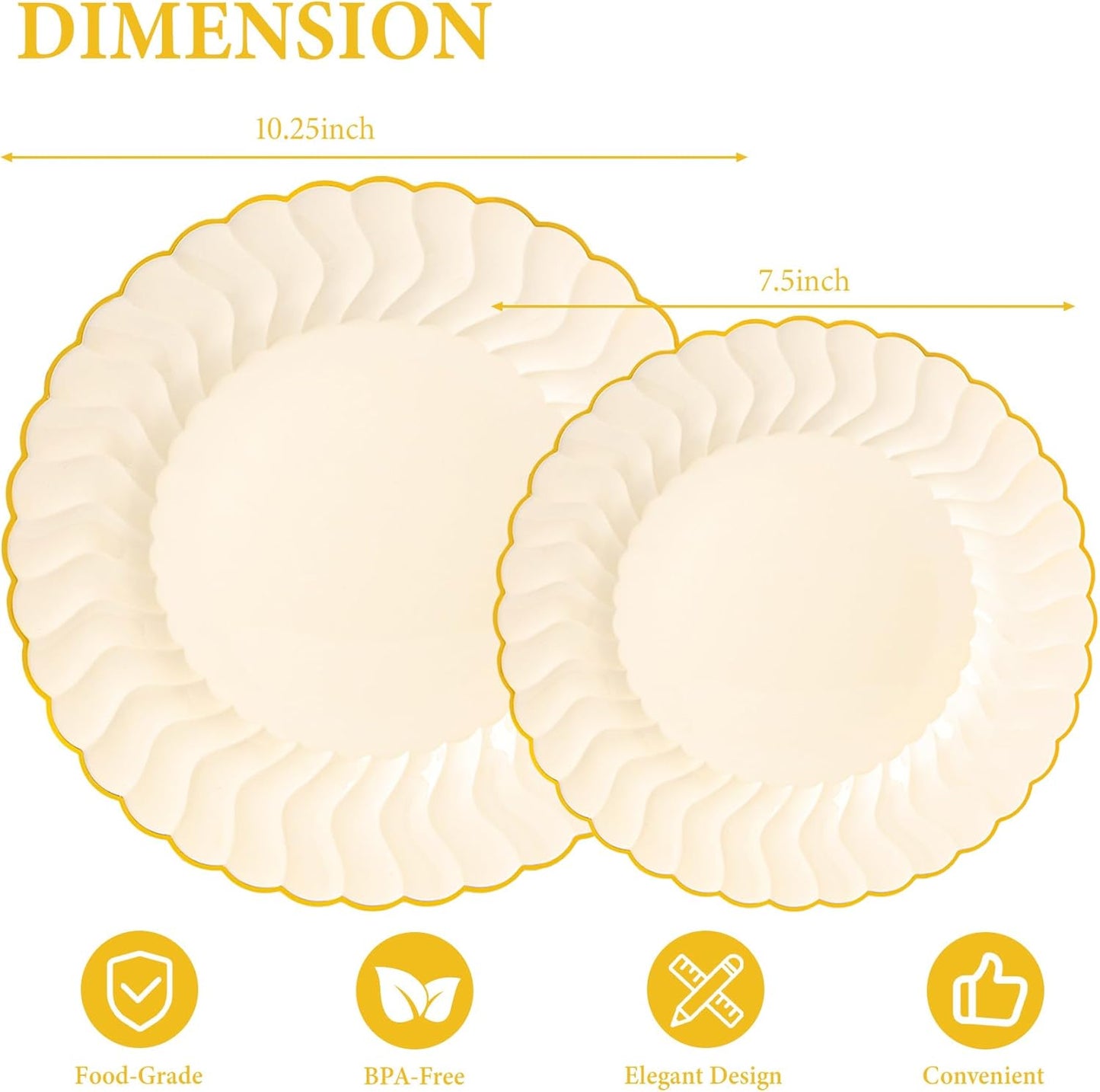 Lullaby 60PCS Ivory Scalloped Plastic Plates with Gold Rim, Disposable Elegant Plates Include 30pcs Dinner Plate 10.25", 30pcs Plastic Dessert Plate 7.5", Perfect for Wedding and Party