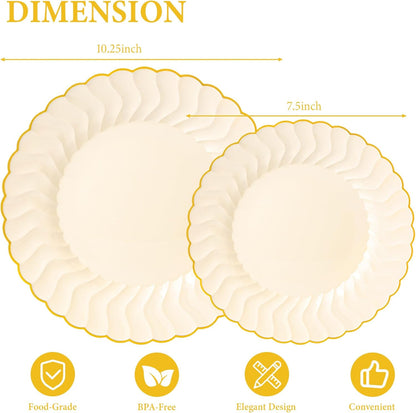 Lullaby 60PCS Ivory Scalloped Plastic Plates with Gold Rim, Disposable Elegant Plates Include 30pcs Dinner Plate 10.25", 30pcs Plastic Dessert Plate 7.5", Perfect for Wedding and Party