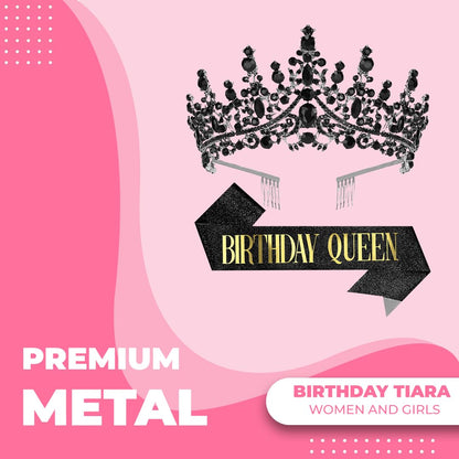 Birthday Tiara Crown with Sash for Women, Headband Hair Accessories for Wedding Party Costume
