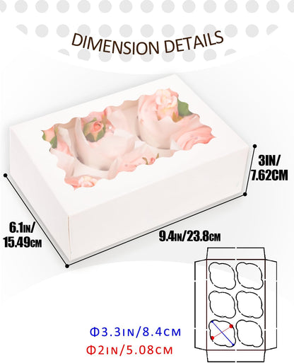 qiqee Auto-pop Up Cupcake Boxes with Window White 40PCS 12 Count Cupcake Box 13"x10"x3.5" Cupcakes Carrier, 12 Cupcake Containers with 2 rolls of pink ribbons