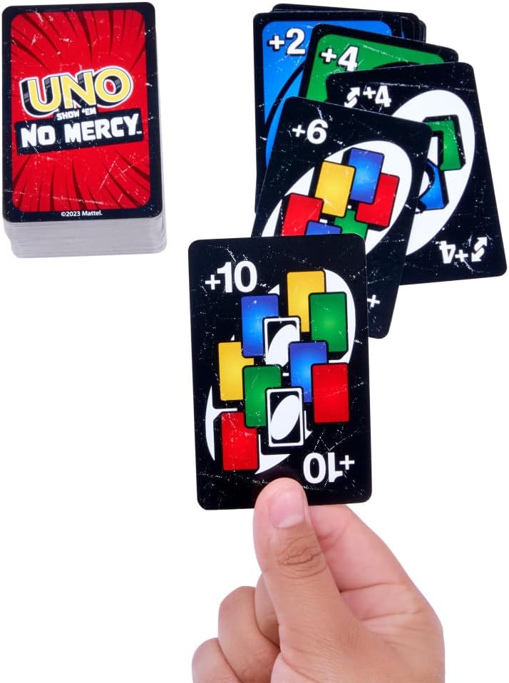 Mattel Games UNO Show ‘em No Mercy Card Game for Kids, Adults & Family Parties & Travel with Extra Cards, Special Rules & Tougher Penalties