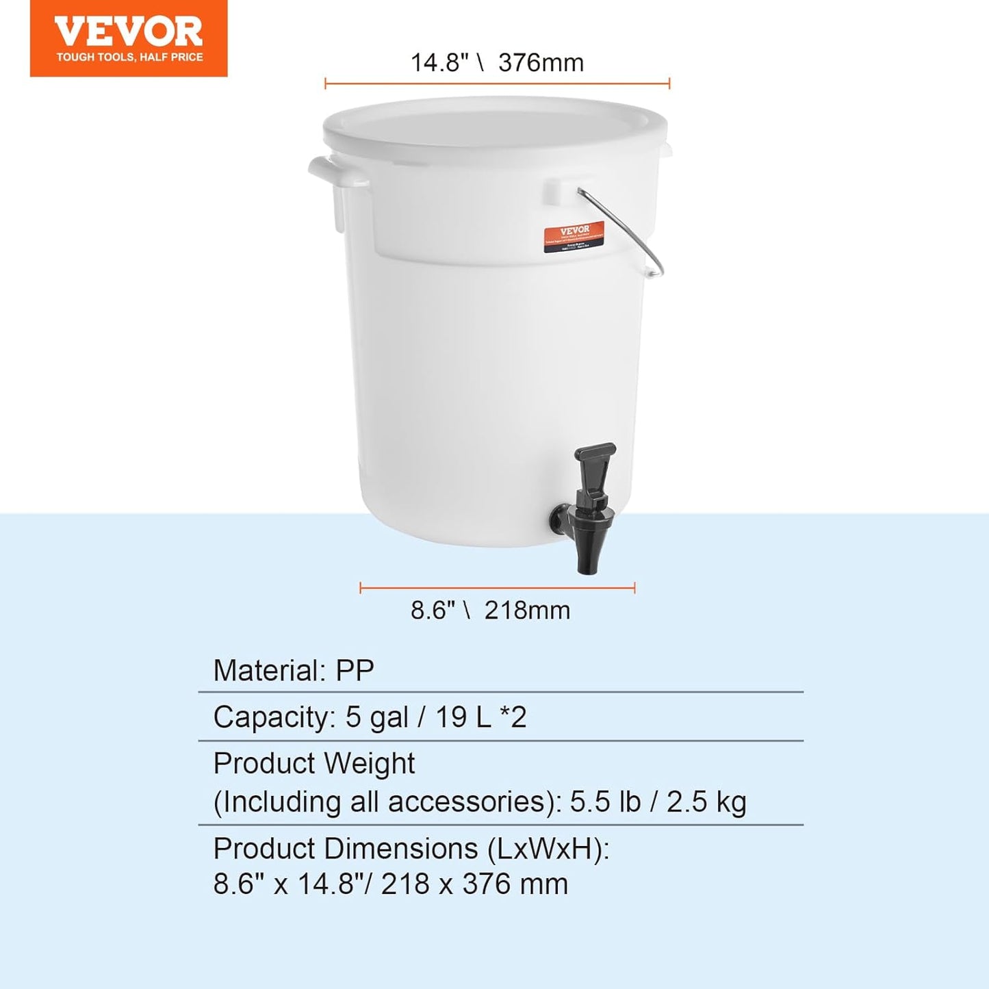 VEVOR Beverage Dispenser, 5 Gallon *2 Drink Dispensers for Parties, Plastic Juice Dispenser with Spigot and Lid, Iced Tea Lemonade Juice Water Dispenser, for Restaurants, Hotels, Parties, 2 Pack