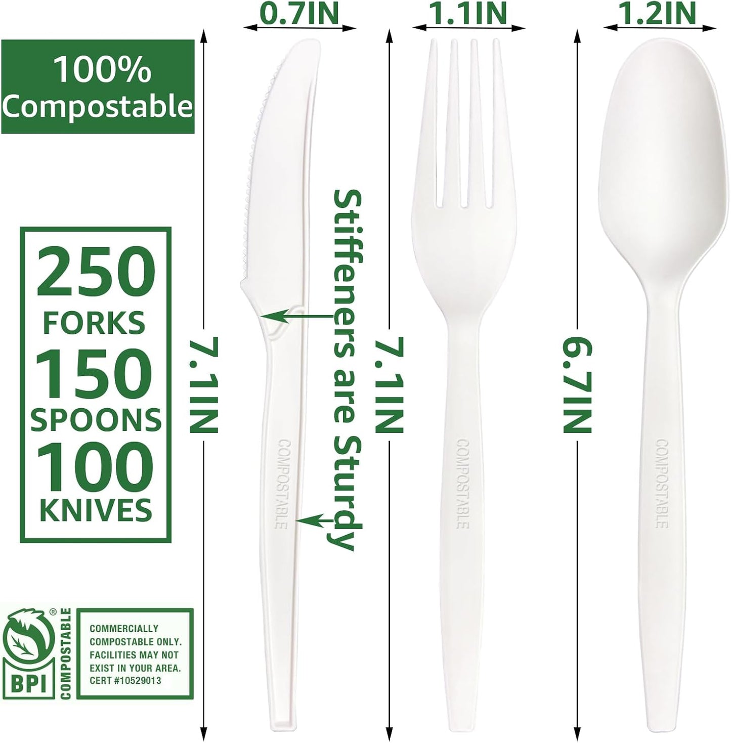 MISISIPI 150-Count Compostable Utensils Set - Heavy Duty BPI Certified, Plastic-Free Disposable Forks, Spoons, Knives for BBQ, Camping, Events, Plant-Based Cutlery