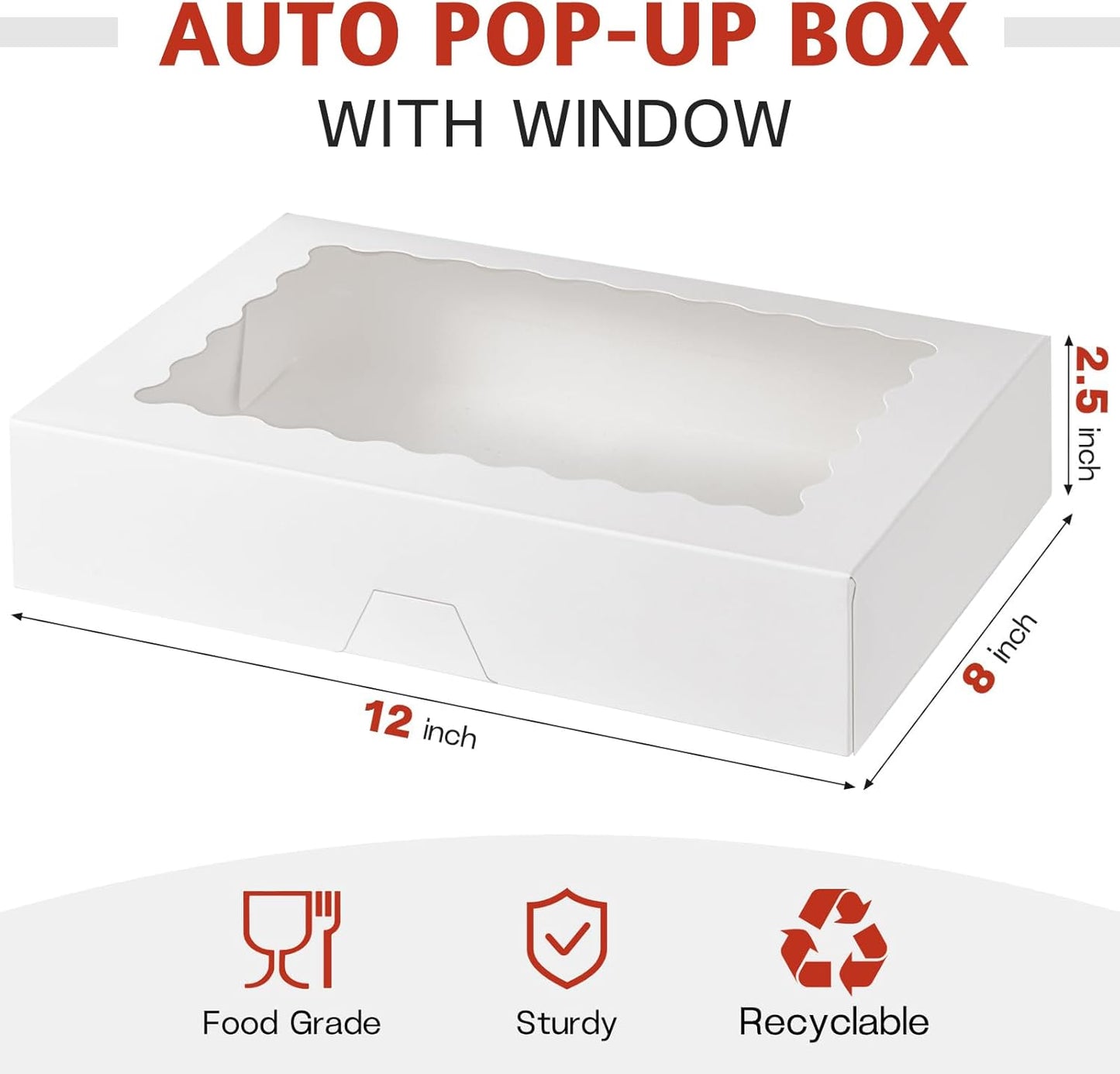 ZORRITA 30 Pack Auto Pop-up Cookie Boxes with Window, 12" x 8" x 2.5" White Bakery Boxes Treat Boxes for Chocolate Covered Strawberries, Breakable Heart, Sugar Cookies, Cake Pops, Donuts, Pastries