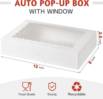 ZORRITA 30 Pack Auto Pop-up Cookie Boxes with Window, 12" x 8" x 2.5" White Bakery Boxes Treat Boxes for Chocolate Covered Strawberries, Breakable Heart, Sugar Cookies, Cake Pops, Donuts, Pastries