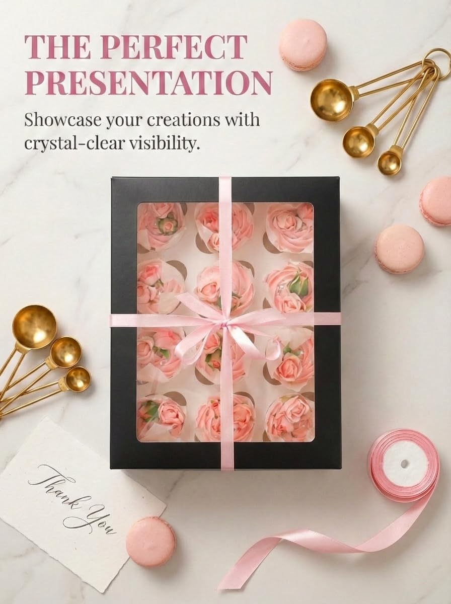qiqee Auto-pop Up Cupcake Boxes with Window White 40PCS 12 Count Cupcake Box 13"x10"x3.5" Cupcakes Carrier, 12 Cupcake Containers with 2 rolls of pink ribbons