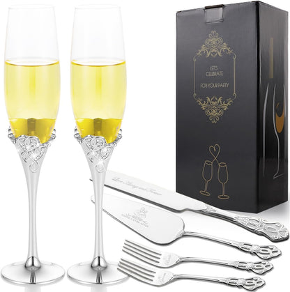 Wedding Cake Knife and Server Set, Mr and Mrs Champagne Flutes with Gold Cake Cutting Set for Wedding Bridal Shower Gifts