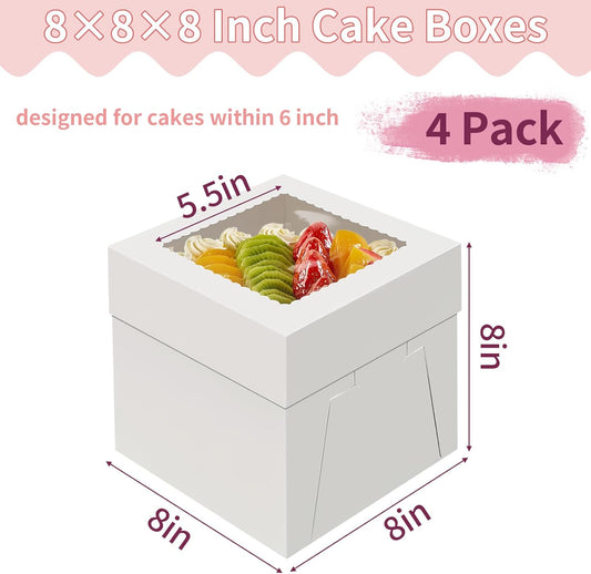 WINKIO 4 Pack Cake Boxes 12 Inch, Disposable Cake Transport Container, Cake Carrier, White Cake Holder with Large Window, for Bakery Cookies Pies Cupcakes Pastry (12×12×8 Inches)