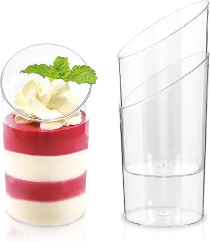 50 Pack Mini Slanted Dessert Cups with Spoons - 2.2 oz Plastic Parfait Cups Reusable Shooter Glasses Small Serving Cups for Tasting Party Desserts Appetizer