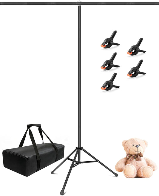HEMMOTOP T Shape Backdrop Stand, 8x6.8ft(HxW) Portable Photo Background Stand Kit for Parties, Green Screen Stand Only with 5 Spring Clamps and Carrying Case, Banner Holder for Photoshoot, Photography