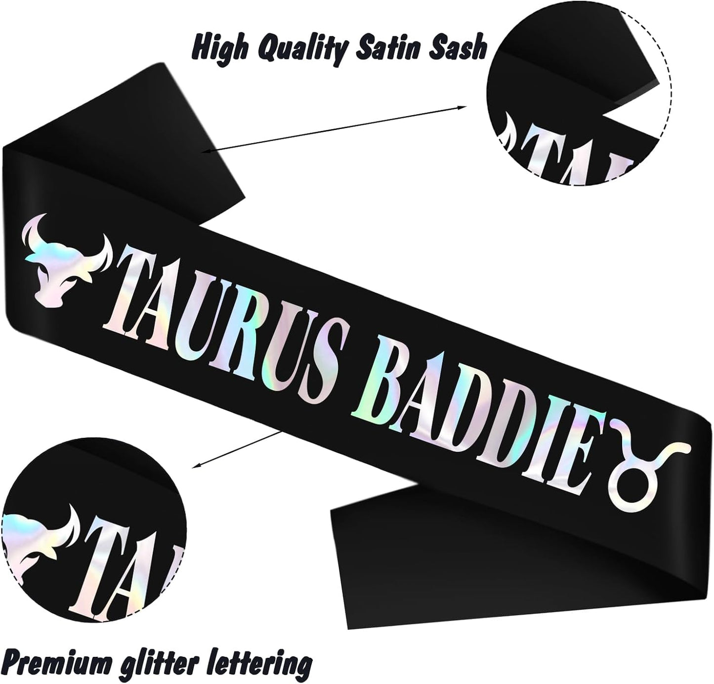 Taurus Baddie Sash for April May Birthday Party - Black Glitter Foil Constellation Zodiac Party Decorations, Astrology Theme Bday Supplies for Women & Girls（Black iridescent）