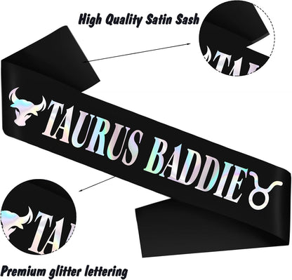 Taurus Baddie Sash for April May Birthday Party - Black Glitter Foil Constellation Zodiac Party Decorations, Astrology Theme Bday Supplies for Women & Girls（Black iridescent）