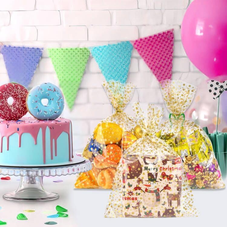100 Pcs Star Printed 5"X 7" Gift Wrap Cello Cellophane Treat Bags Party Favor bags Clear Candy Cookie Bag Plastic Poly Goodie Storage Bag with Twist Ties for Bakery,Birthday, Wedding ,Party Decorations (Gold)