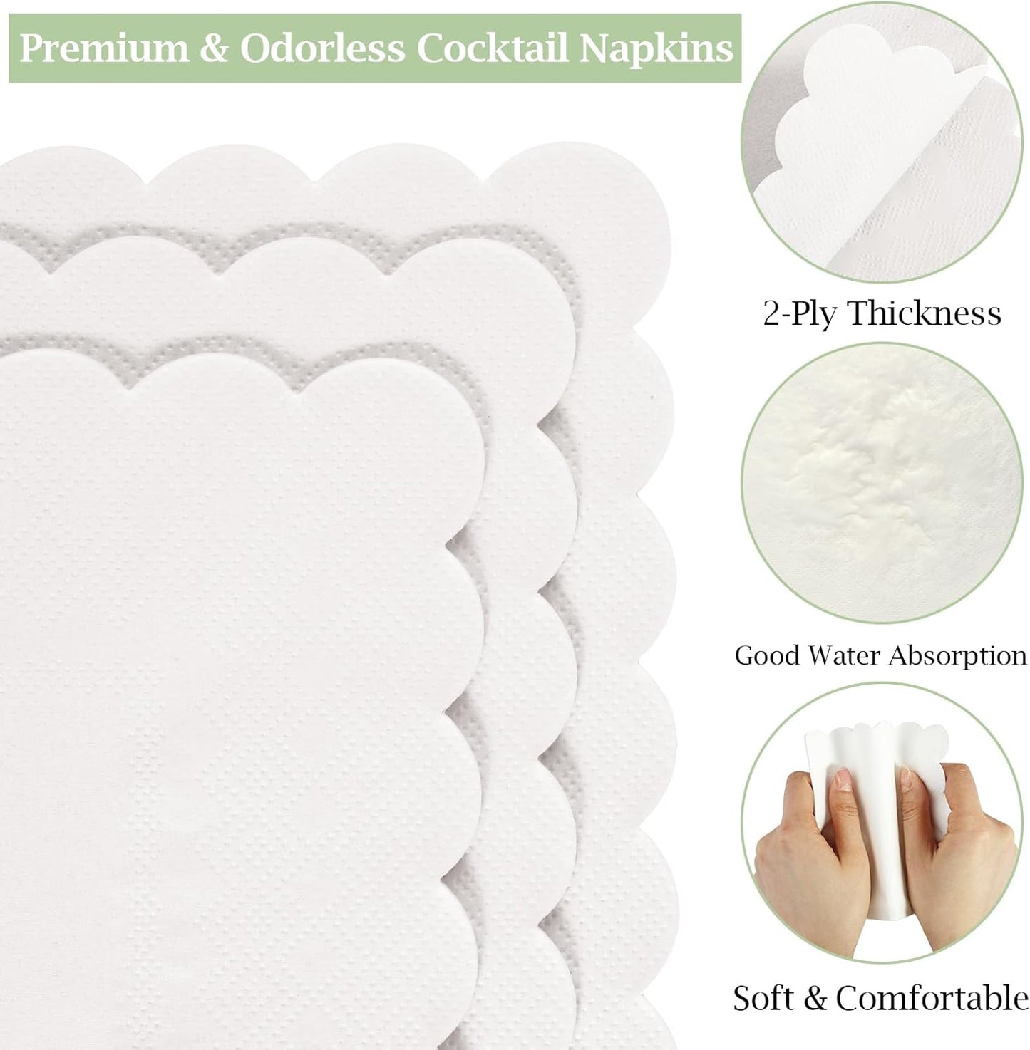 100 Pcs Cocktail Napkins, 2-Ply 5 x 5 Inches Disposable Scalloped Napkins, Thick Premium Dessert Napkins for Party, Wedding, Dinner, Birthday, Anniversary, Festival (Sage Green)