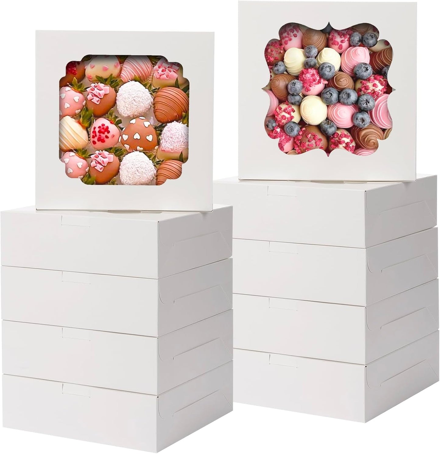 TOMNK 60pcs Cookie Boxes, 8x8x2.5 Inches Bakery Boxes with 2 Style Windows for Chocolate Strawberries, Pie, Pastry, Dessert, Cake, Birthday Party, Mother's Day, Weddings