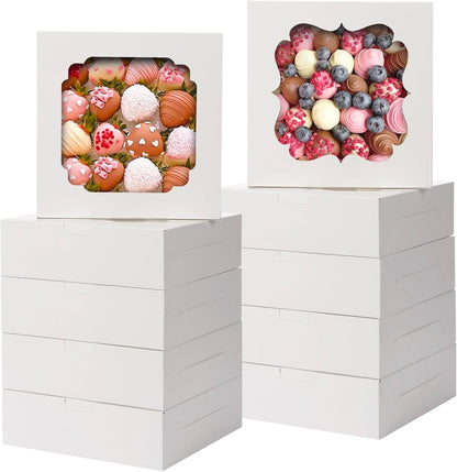 TOMNK 60pcs Cookie Boxes, 8x8x2.5 Inches Bakery Boxes with 2 Style Windows for Chocolate Strawberries, Pie, Pastry, Dessert, Cake, Birthday Party, Mother's Day, Weddings