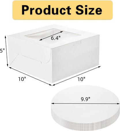 AVLA 20 Pack Cake Boxes with Window, 10 Inch Bakery Cake Boxes with Boards, Disposable Dessert Cake Container Carrier, White Pastry Pie Take Out Boxes for Wedding, Birthday Party, Easy Assembly