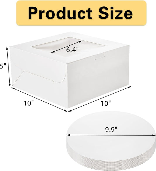 AVLA 20 Pack Cake Boxes with Window, 10 Inch Bakery Cake Boxes with Boards, Disposable Dessert Cake Container Carrier, White Pastry Pie Take Out Boxes for Wedding, Birthday Party, Easy Assembly