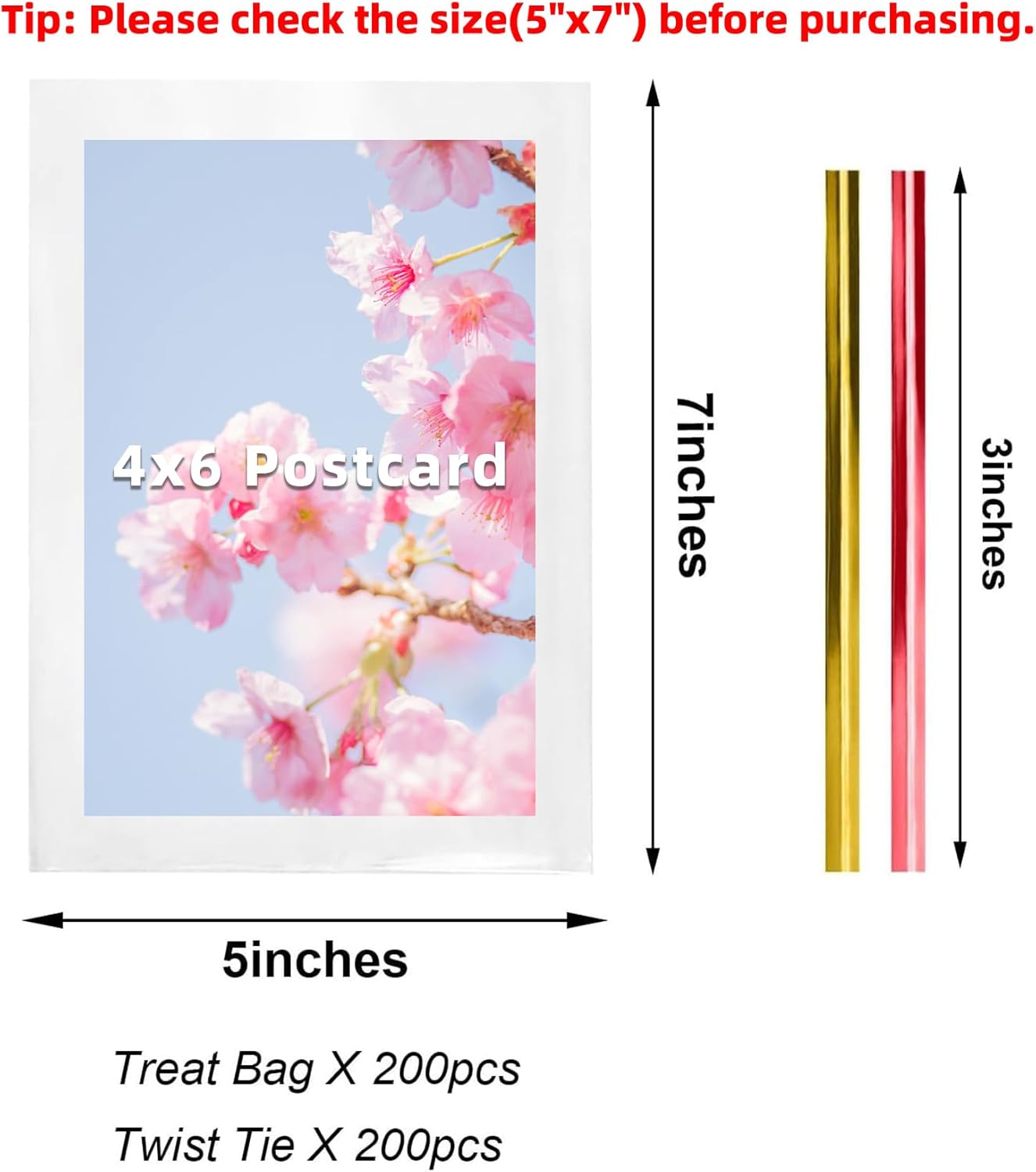 Cello Cellophane Treat Bags,5x7 Inches Clear Cellophane Bags 200 Pcs OPP Plastic Treat Bags with 200 Twist Ties for Gift Wrapping,Packaging Candies,Dessert,Bakery, Cookies, Chocolate,Party Favor