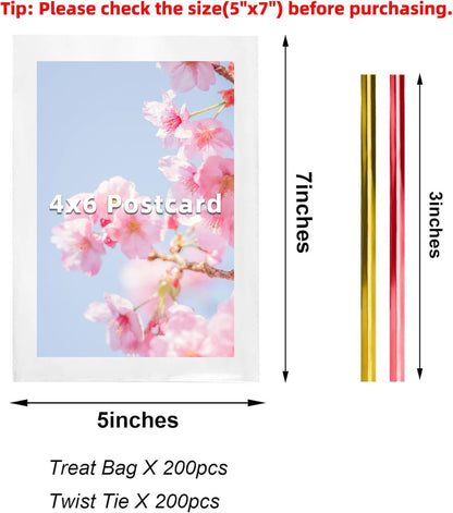 Cello Cellophane Treat Bags,5x7 Inches Clear Cellophane Bags 200 Pcs OPP Plastic Treat Bags with 200 Twist Ties for Gift Wrapping,Packaging Candies,Dessert,Bakery, Cookies, Chocolate,Party Favor