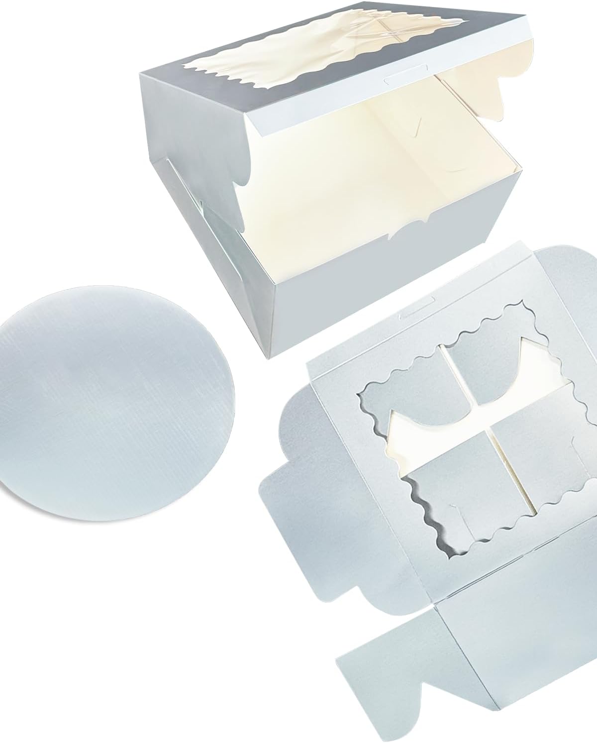 Bakepacker 36pcs 6x6x5 Inches with Window 18-Packs White 6 Inch Bakery Boxes (18 Cake Boxes +18 Cake Boards + 10 Meters Silk Ribbon Includes Included)