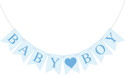Hahafelt 1 Pcs Blue Gingham Welcome Baby Boy Banner for Baby Shower Party Decorations Pre Strung Gender Reveal Paper Banner for Table, Wall, Mantel Display Party Decor Supplies