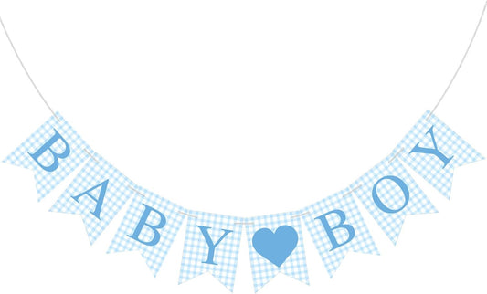 Hahafelt 1 Pcs Blue Gingham Welcome Baby Boy Banner for Baby Shower Party Decorations Pre Strung Gender Reveal Paper Banner for Table, Wall, Mantel Display Party Decor Supplies