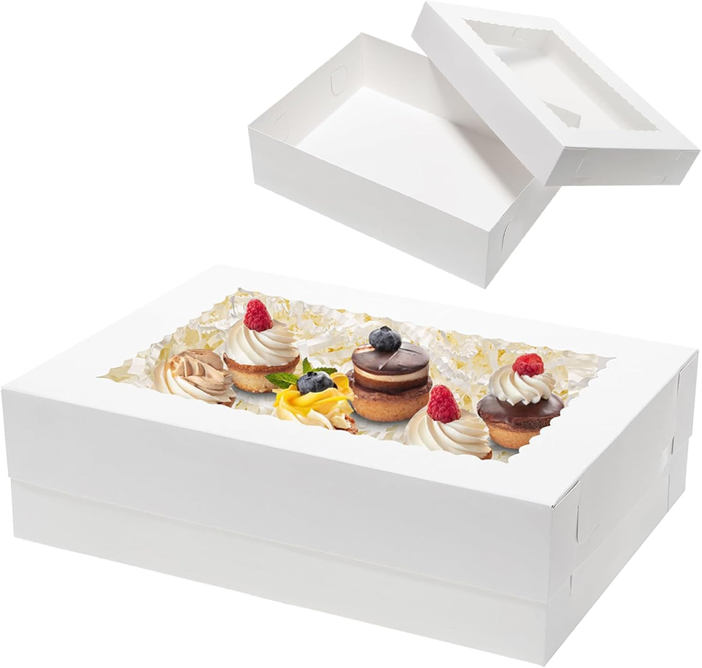 Mcfleet 16pcs 14x10x4 Rectangle Cake Boxes with Window - Quarter Sheet Bakery Boxes for Donuts, Cookies, Cupcakes, Pastry Baking Pie Treat Packaging White Large