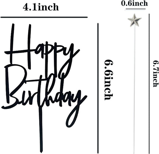 Set of 1 Black Acrylic Happy birthday Cake Topper,5 pcs silvery Star Cake Cupcake Topper(Black 1)