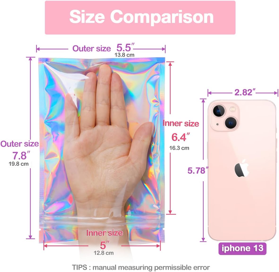 Trunple Smell Proof Bags & Resealable Foil Pouch Mylar Sample Bag Great for Party Favor Food Storage (Holographic Color) (50pcs-6x9 inch)