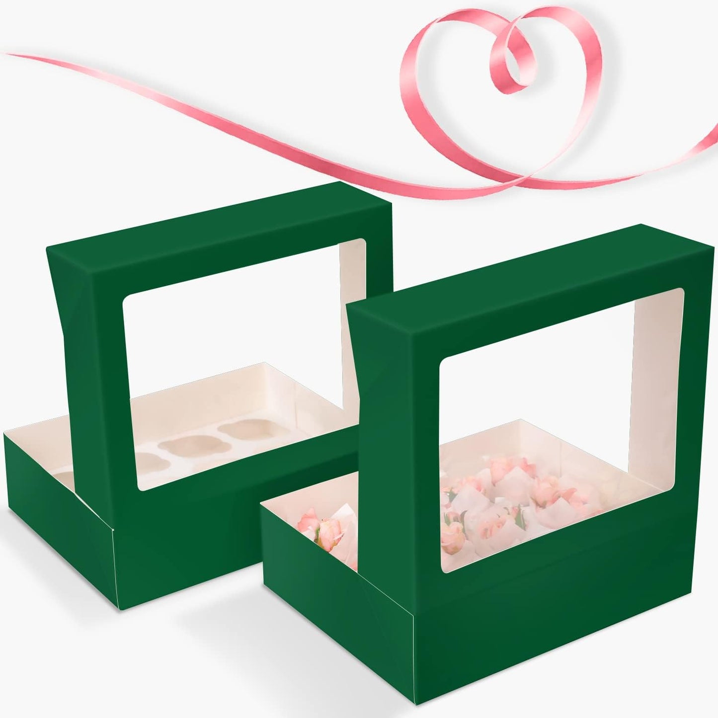 Bakepacker Auto-pop Up Cupcake Boxes with Window White 20PCS 12 Count Cupcake Box 13"x10"x3.5" Cupcakes Carrier, 12 Cupcake Containers with rolls of pink ribbons
