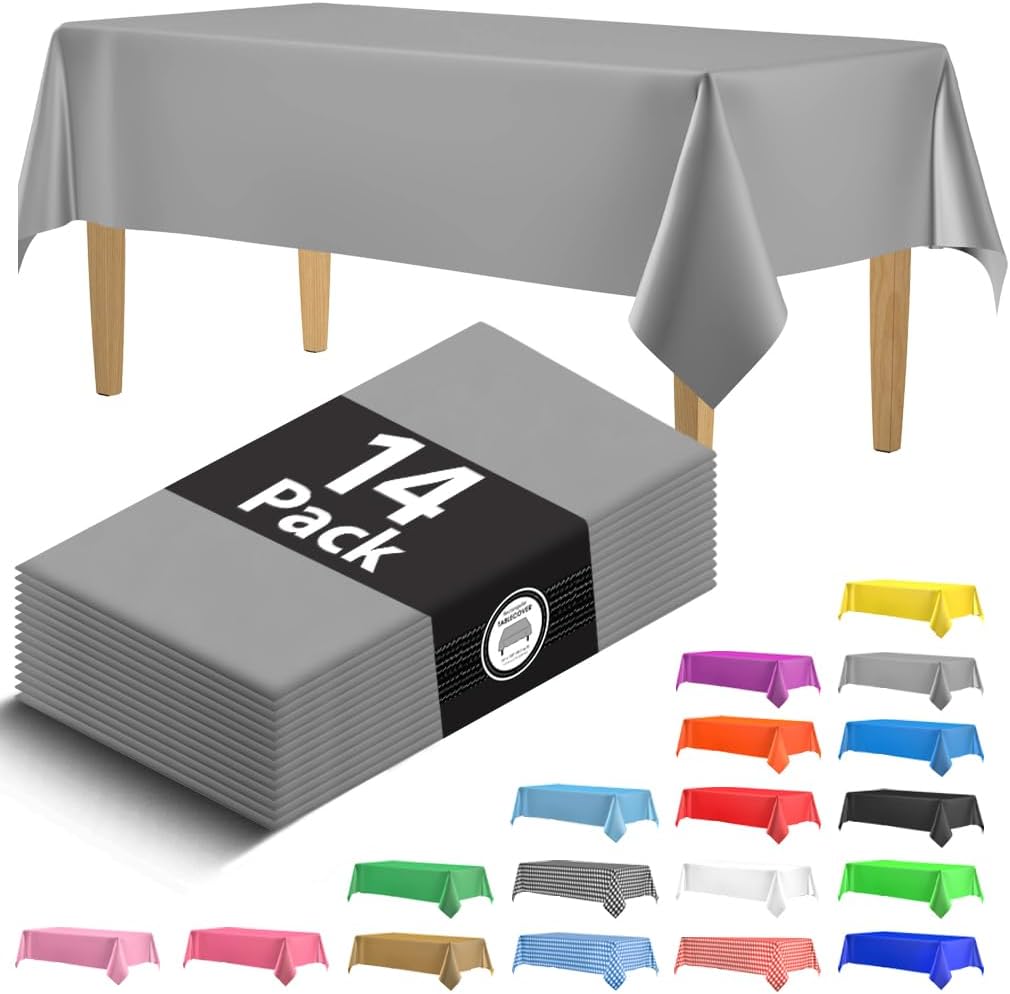 14 Pack Black 54 x 108 in. Rectangle Disposable Plastic Tablecloths - Smooth Decorative Covers for Parties, Weddings