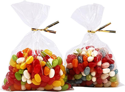 Wowfit 100 CT 6x10 Inch Clear Flat Cellophane Treat Bags with 6” Gold Twist Ties, Cello Packaging for Gift Wrapping, Decorations, and Food Storage