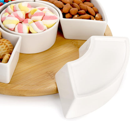 Lyellfe Divided Serving Dish Lazy Susan, 360° Rotatable Porcelain Appetizer Snack Tray Platter for Fruit, Veggies, Candy, Relish Tray for Christmas Thanksgiving Party, 5 Removable Compartment, White