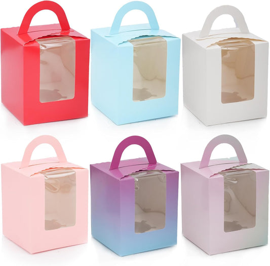 Zoyiancy 36PC Individual Cupcake Boxes, Single Cupcake Container with Window Insert and Handle, Colorful Cupcake Holders Portable Cupcake Carriers for Muffin, Dessert, Wedding, Birthday Party