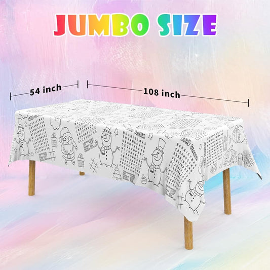 Labeol 1 Pack Christmas Tablecloth, Christmas Coloring Tablecloth for Kids, 54"x108" Giant Santa Claus Snowman Maze Color-in Paper Poster Table Cover for Winter Party Arts and Crafts