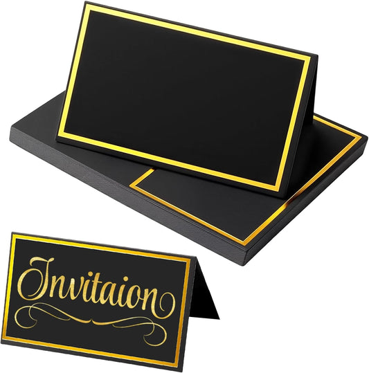 25 Pcs Place Cards for Table Setting - 2'' x 3.5'' Black with Gold foil Trim Table Place Cards - Folded Table Tents Card Name Cards for Food Buffet, Wedding, Bakery Banquet, Party, Events Celebration