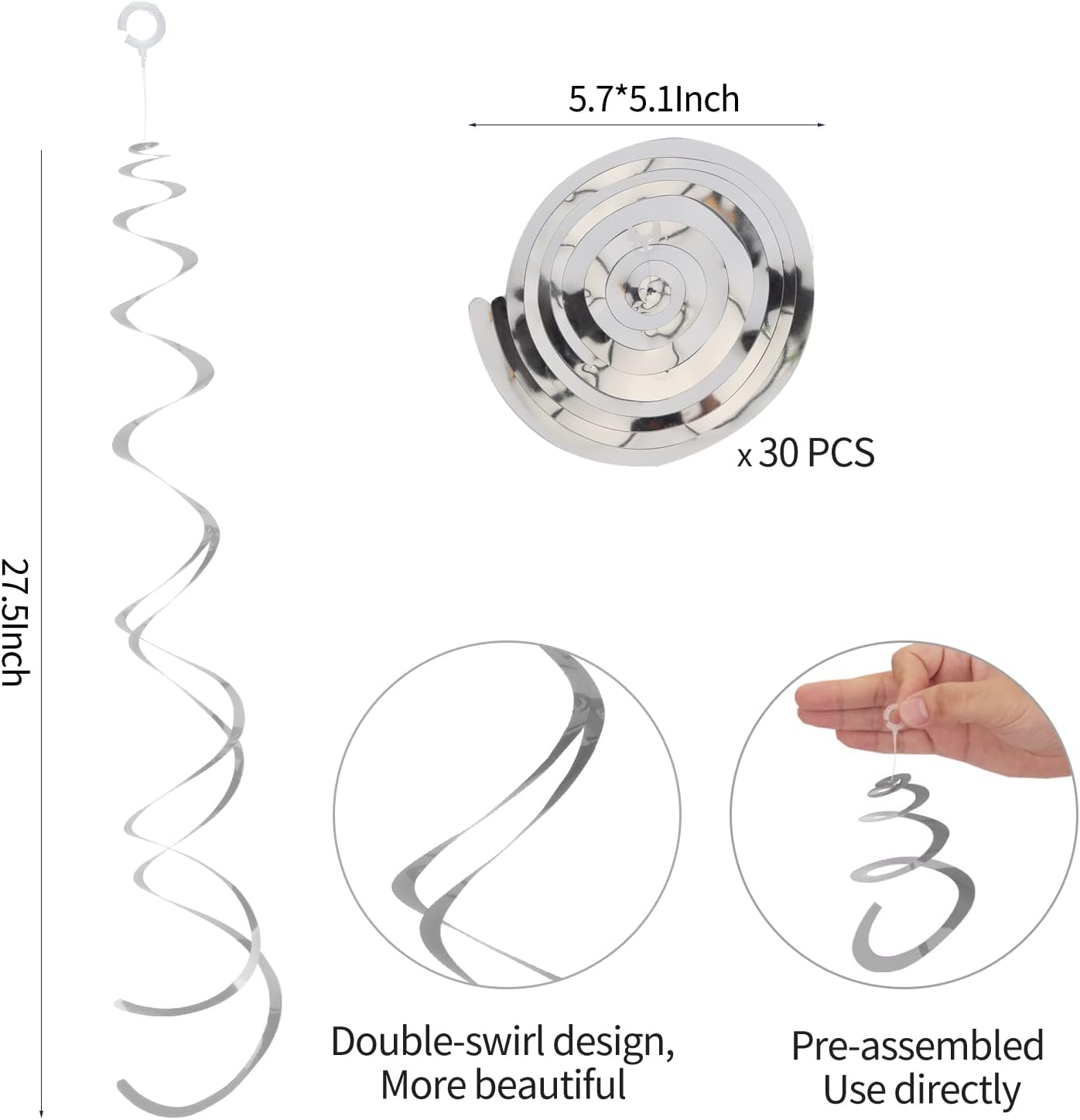30 Pieces Iridescent White Hanging Swirls, Foil Swirl Hanging Decorations Plastic Steamers for Ceiling, Dangling Whirls Wedding Baby Shower Birthday Party Decorations