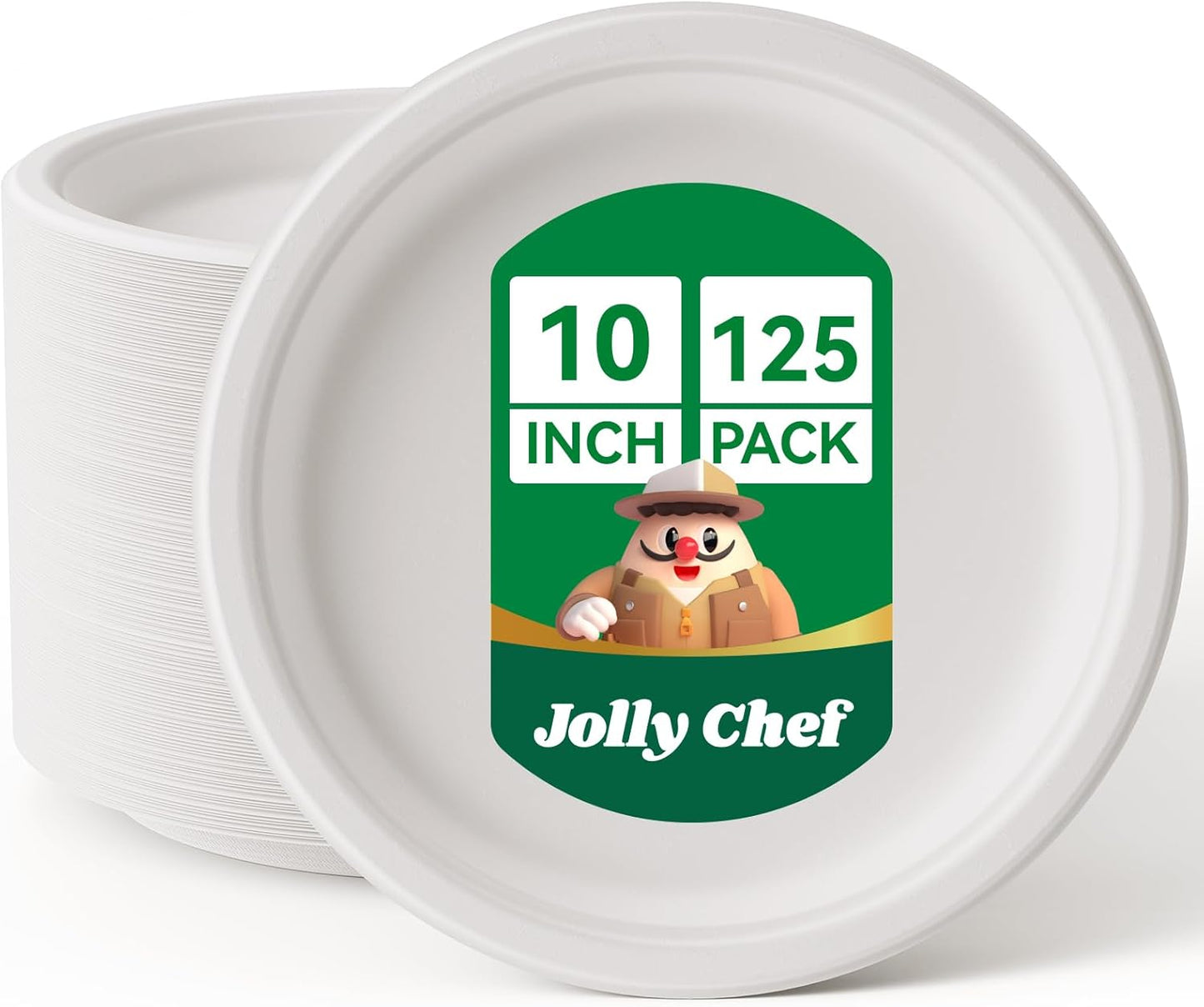 JOLLY CHEF Compostable Heavy Duty Plates 𝟭𝟬 𝗜𝗻𝗰𝗵 [𝟯𝟬𝟬 𝗣𝗮𝗰𝗸] Eco-Friendly Disposable Paper Plates Made of Bagasse Biodegradable Bulk for Party Dinner Sugarcane Thanksgiving Day (Natural)