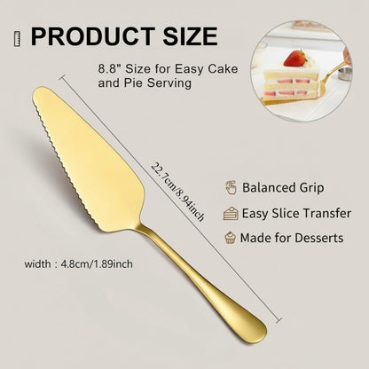2 PCS Gold Cake Server Set, Stainless Steel Serrated Pie Cutter and Server with Mirror Finish for Wedding, Party, Dessert Buffet, Banquet - 8.9 Inch Elegant Serving Tools
