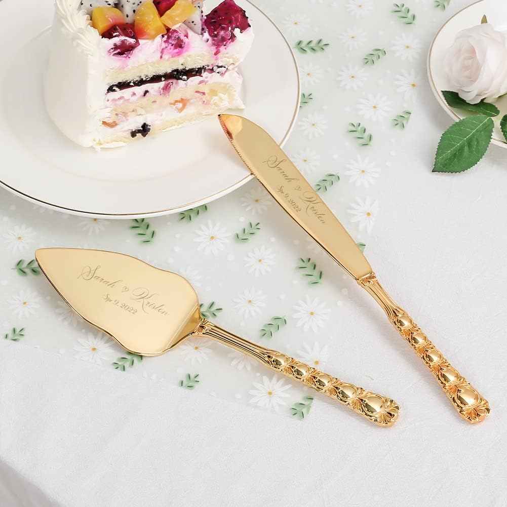 Wedding Cake Knife and Server Set, Personalized Gold Cake Cutting Set for Wedding, Engraved Classic Cake Knives Cutter Set, Pie Server, Birthday Bridal Quinceañera Gift (CUS-Flower)