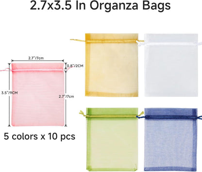 joycraft 50Pcs Organza Bags, 2x3 inch Gift Favor Bags, White Wedding Favor Bags, Jewelry Pouches with Drawstring, Mesh Bags Drawstring for Jewelry, Festival, Makeup, Candy, Desserts
