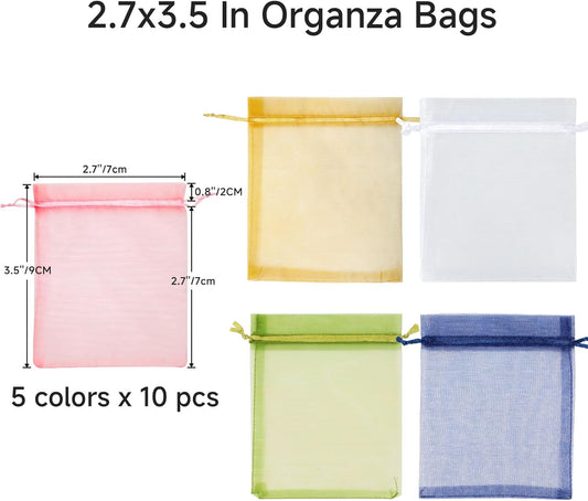 joycraft 50Pcs Organza Bags, 2x3 inch Gift Favor Bags, White Wedding Favor Bags, Jewelry Pouches with Drawstring, Mesh Bags Drawstring for Jewelry, Festival, Makeup, Candy, Desserts
