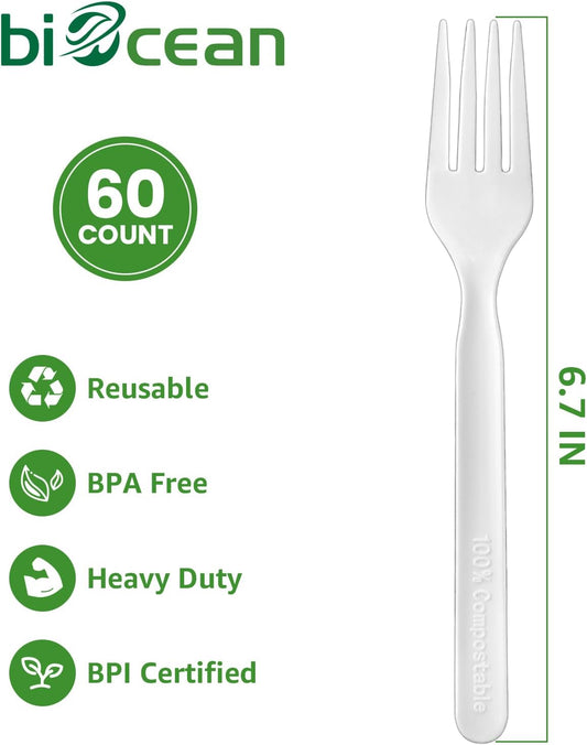 450 Counts Compostable Forks Spoons Knives Set Disposable Forks Utensils Heavy Duty Silverware Eco Friendly Flatware for Party Camping Picnics White forks spoons and knives set