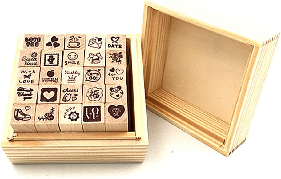 Diary Stamp Set,Wooden Rubber Signet for Children DIY Scrapbooking Card Making(25pcs,Happy Life)