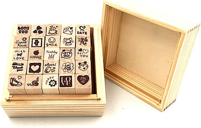 Diary Stamp Set,Wooden Rubber Signet for Children DIY Scrapbooking Card Making(25pcs,Happy Life)