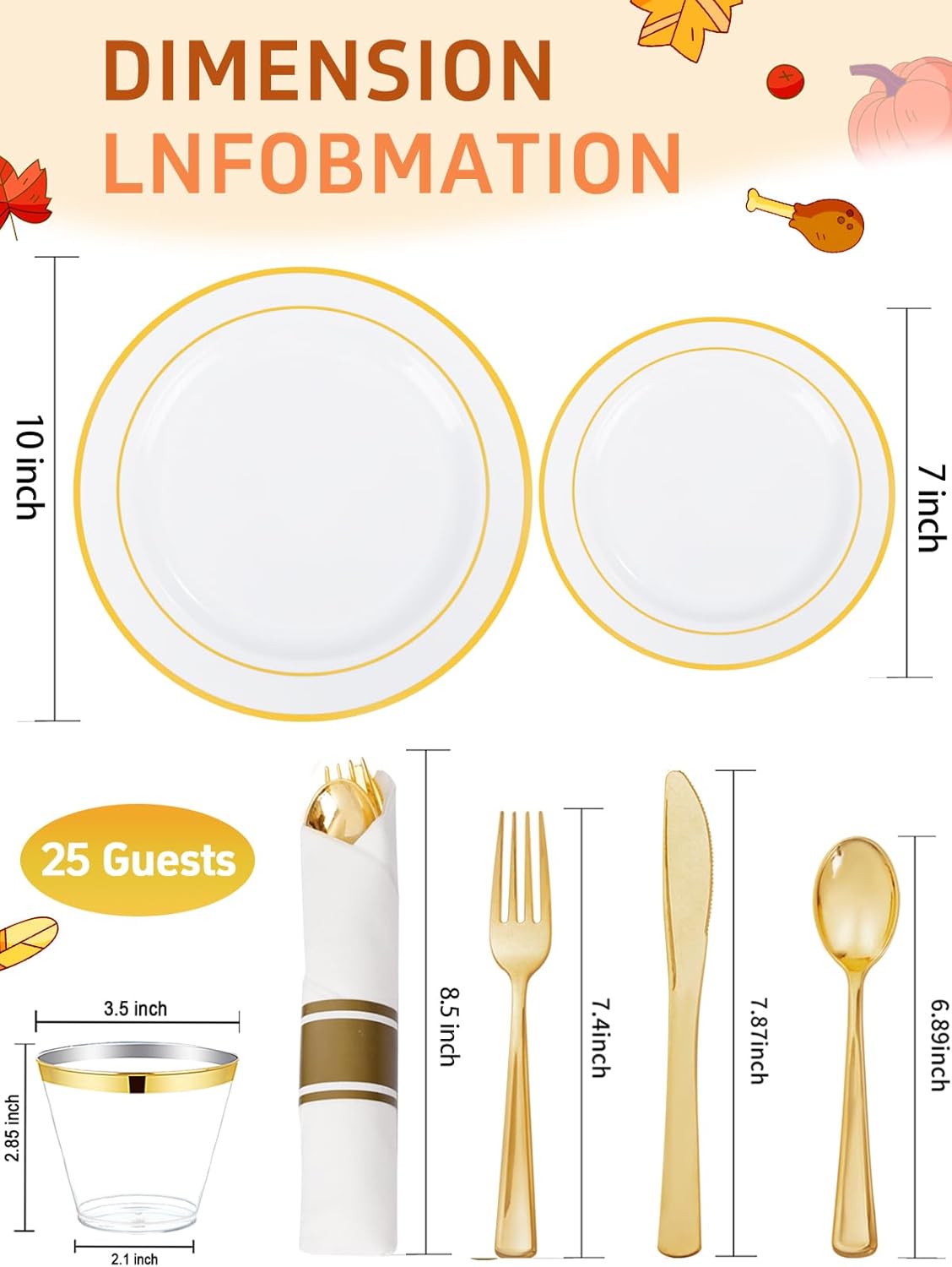350 Pieces Black and Gold Plastic Plates with Disposable Silverware, Include 50 Dinner Plates 9”, 50 Dessert Plates 6.3”, 50 Black Cups 9 OZ, 50 Pre Rolled Napkins for Wedding Party Graduation