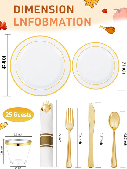 350 Pieces Black and Gold Plastic Plates with Disposable Silverware, Include 50 Dinner Plates 9”, 50 Dessert Plates 6.3”, 50 Black Cups 9 OZ, 50 Pre Rolled Napkins for Wedding Party Graduation