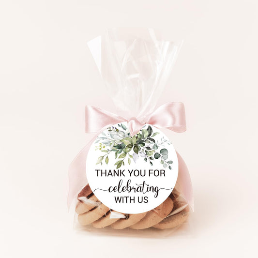 50 Thank You Favor Tags, Thank You for Celebrating with Us Gift Tags for Weddings, Bridal Showers, Birthdays, Parties, Baby Showers, 2-inch Round With 2 rolls of ribbon.