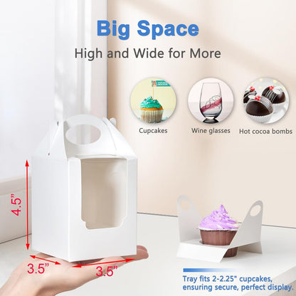 Cupcake Boxes 50 pcs, Individual Cupcake Containers Brown with Window Insert and Handle, Pastry Box Single Muffins Holder Disposable for Bakery Wrapping Party Favor Packaging